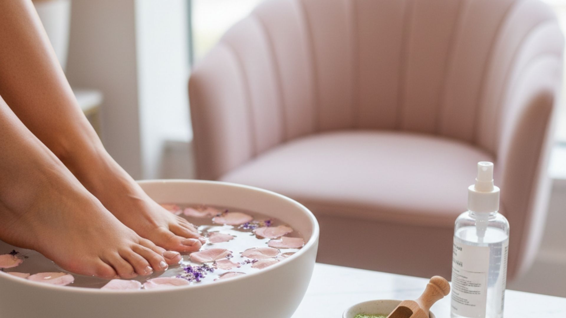 Luxury pedicure foot soak with flower petals at Blush Nails and Bar