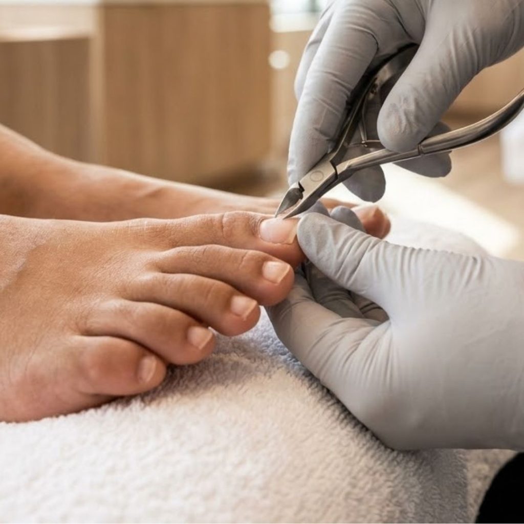 Close-up of a nail technician wearing light grey protective gloves performing precision cuticle care on a client's toenail using a professional metal nipper.