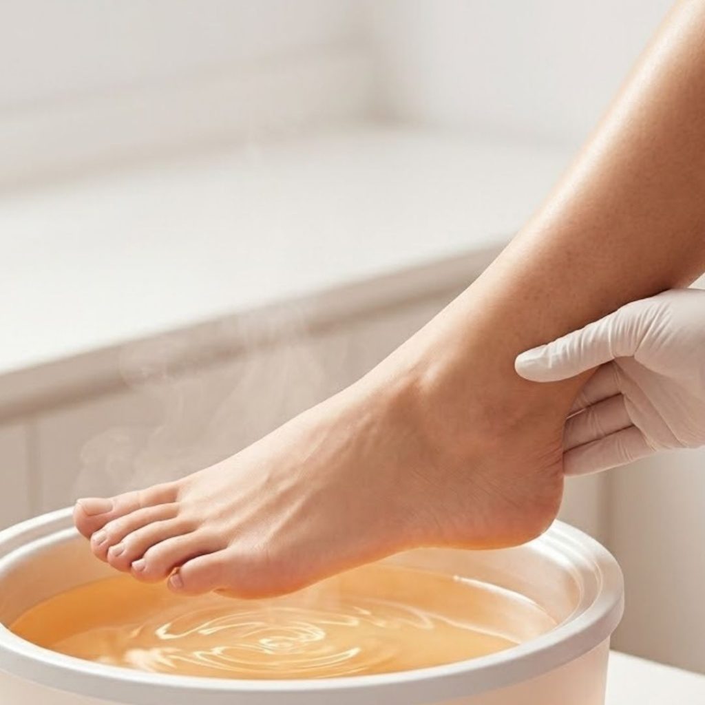 A close-up of a client's foot being gently guided by a technician into a warm, steaming paraffin wax bath for a deep hydration and moisture lock-in treatment.