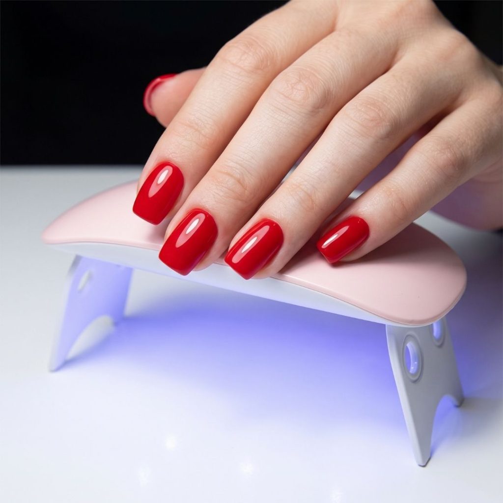 A woman with red gel nails.