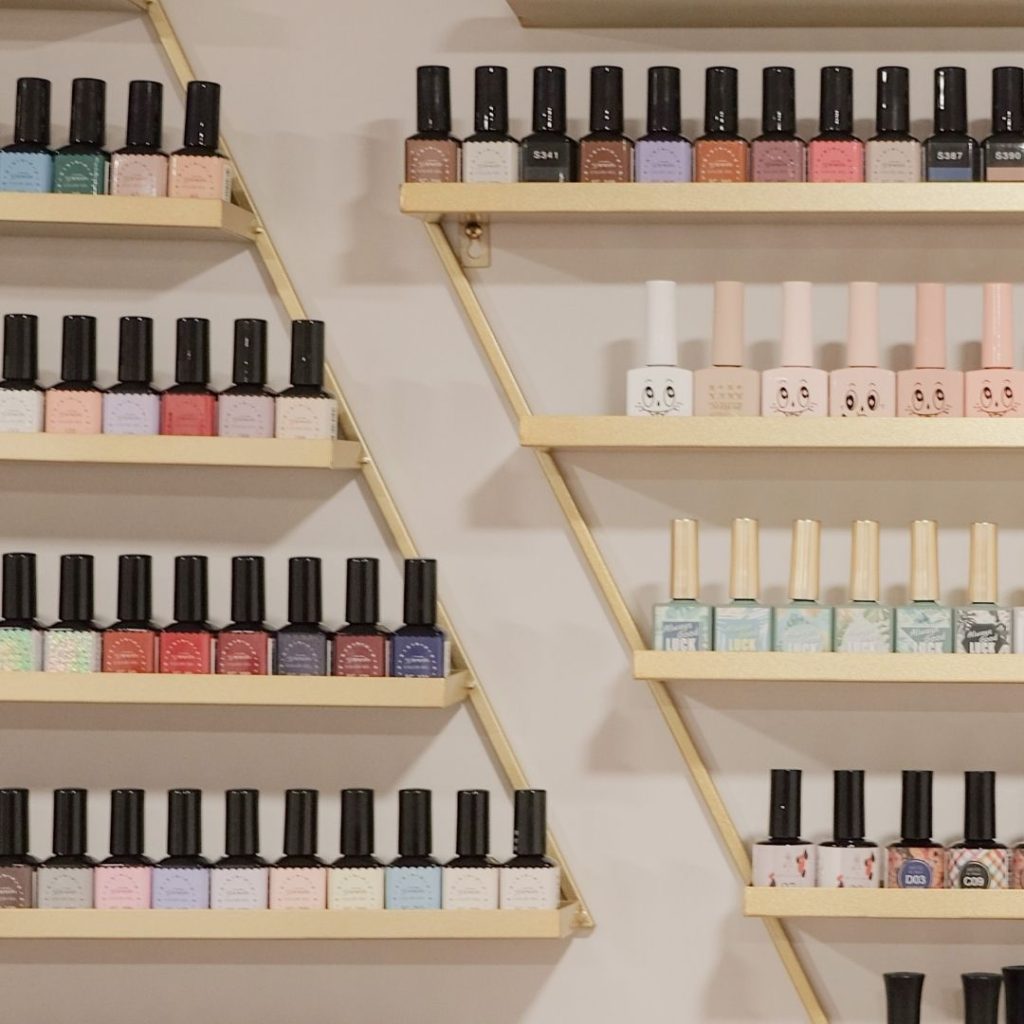 Shelf of nail polish.